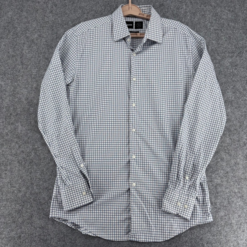 Hugo Boss Performance Slim Fit Shirt Mens 16.5 42 Blue White Grid Check Long Slv